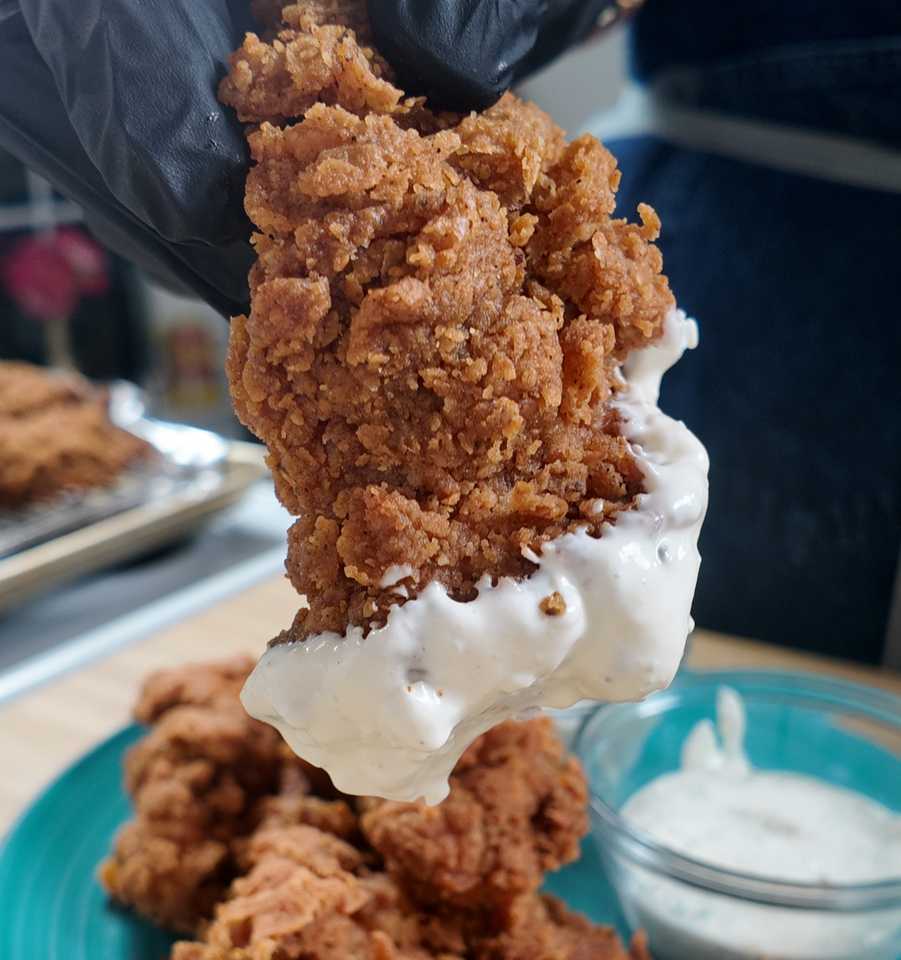 Crispy fried chicken strips dipped in homemade blue cheese.