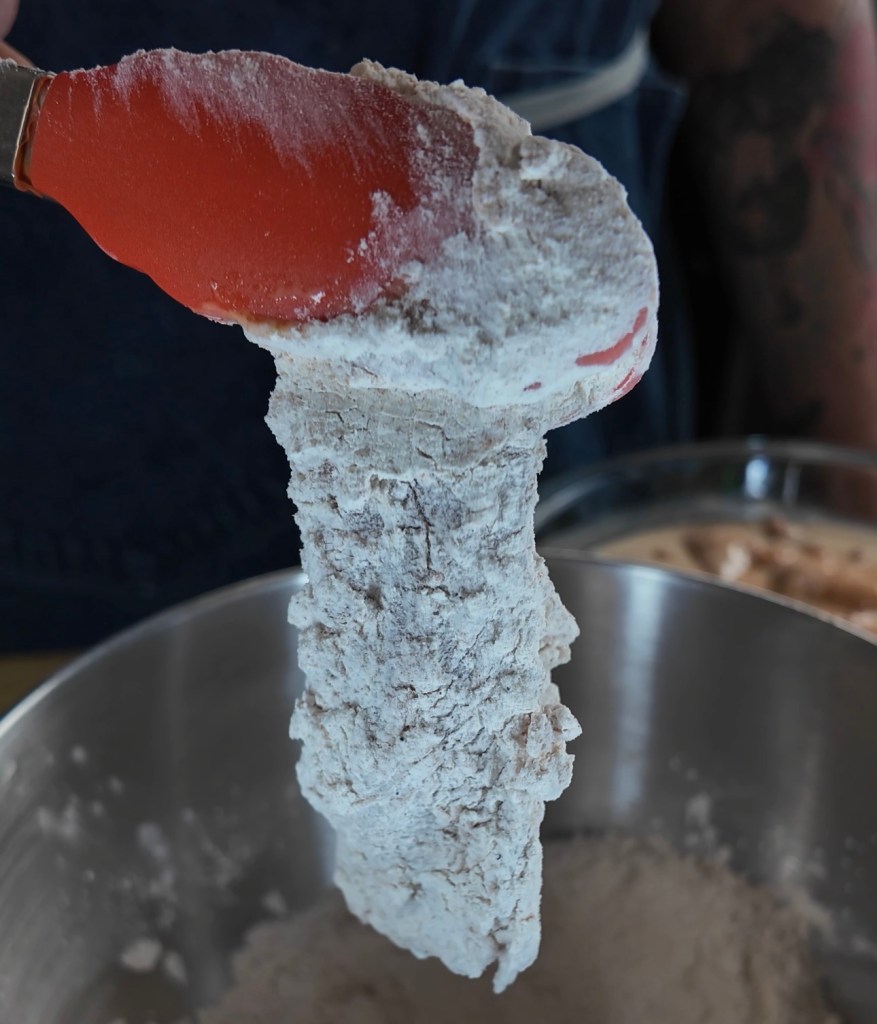 raw strips dredged in flour